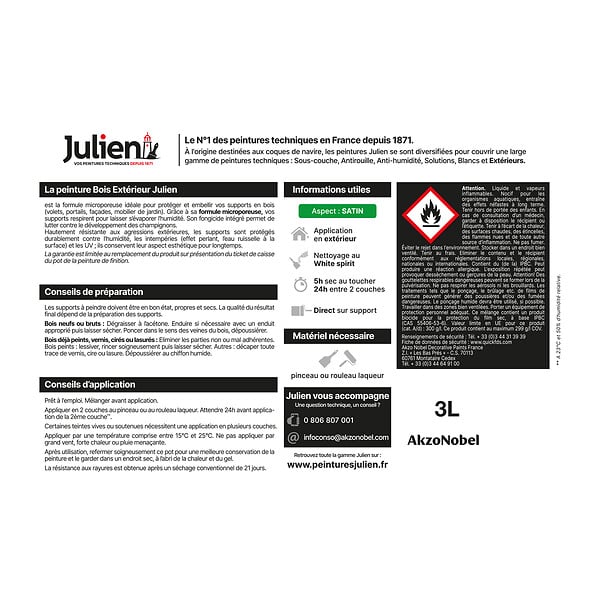 JULIEN - Peinture bois extérieur microporeux Satin - Blanc - 2,5L - large