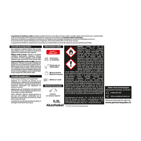JULIEN - Peinture antirouille métaux ferreux - Blanc Brillant 0,5L - large