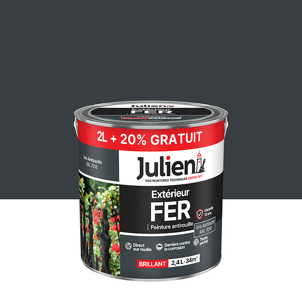 JULIEN - Peinture antirouille pour fer extérieur - Brillant Gris Anthracite - 2,4L - large