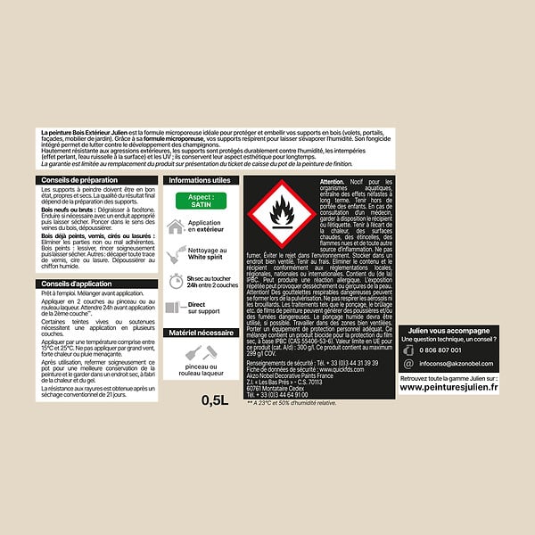 JULIEN - Peinture bois extérieur Microporeux Satin - Blanc Perle 0.5L - large