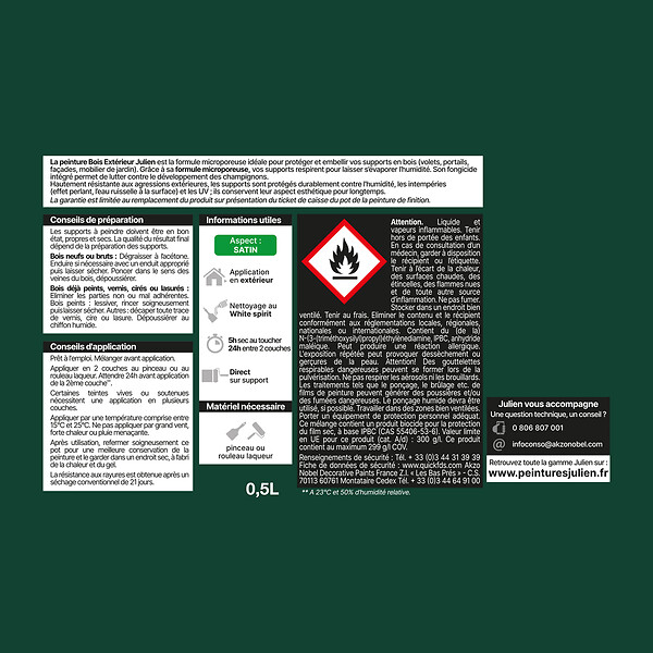 JULIEN - Peinture bois extérieur microporeux satin - Vert Basque 0,5L - large