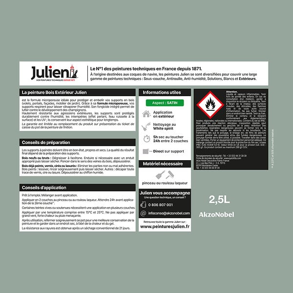 JULIEN - Peinture extérieure bois microporeux - Satin Vert Provence - 2.5L - large