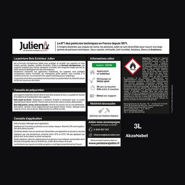 JULIEN - Peinture bois extérieur microporeuse satin - Noir - 2,5L - large