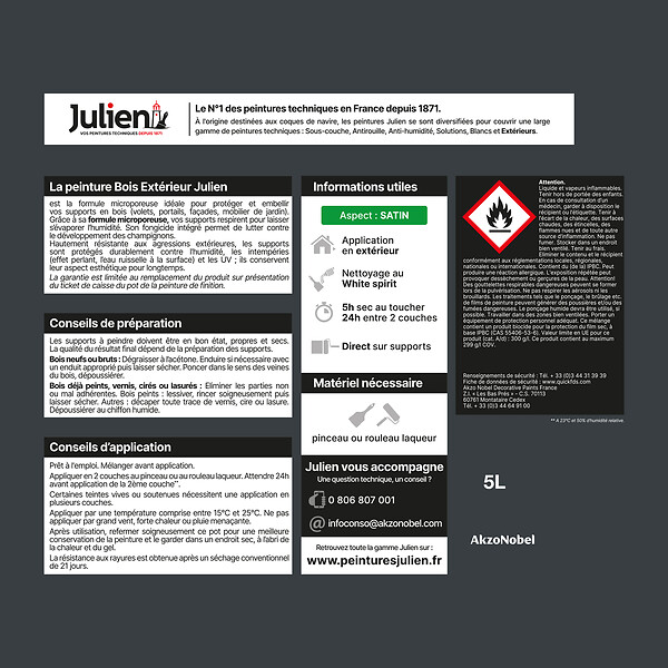 JULIEN - Peinture extérieure bois microporeux satin - Gris Anthracite - 5L - large