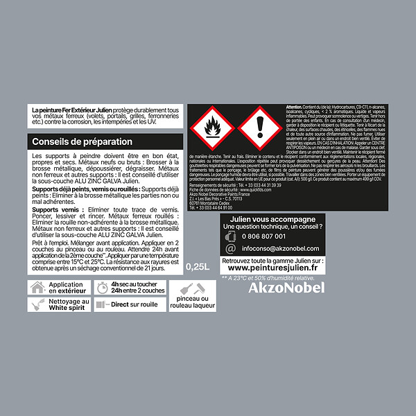 JULIEN - Peinture antirouille extérieure métal - Gris Acier 0.25L - large