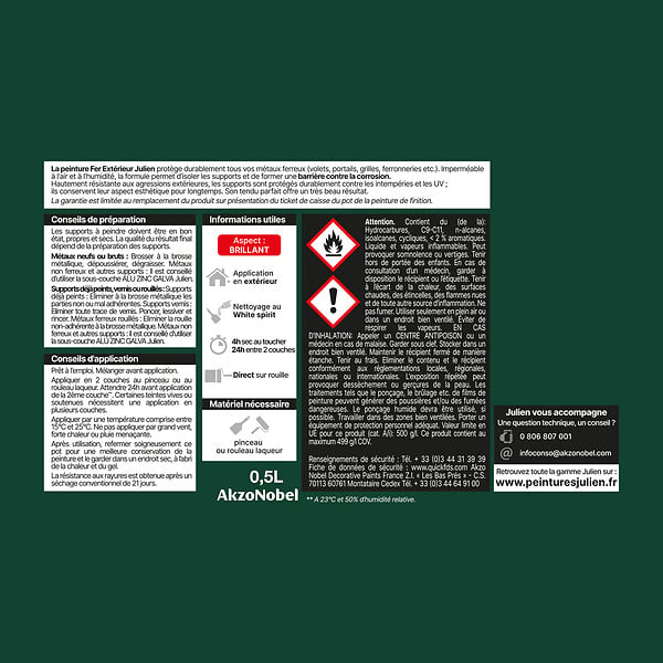 JULIEN - Peinture antirouille pour fer - Brillant - Vert Basque - 0,5L - large