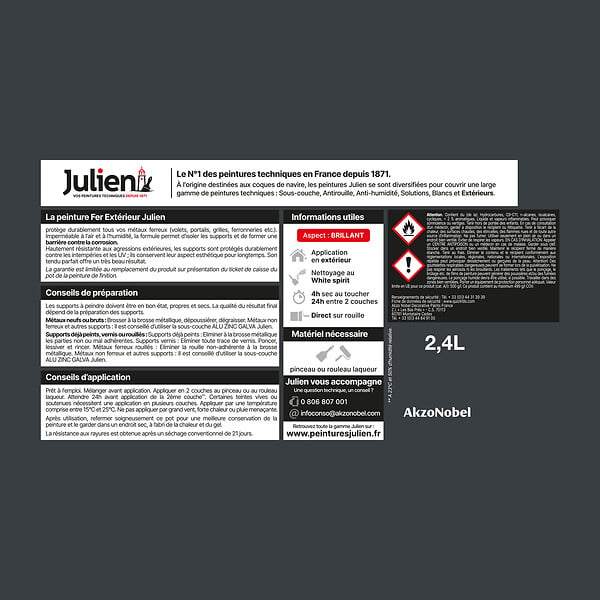 JULIEN - Peinture antirouille pour fer extérieur - Brillant Gris Anthracite - 2,4L - large