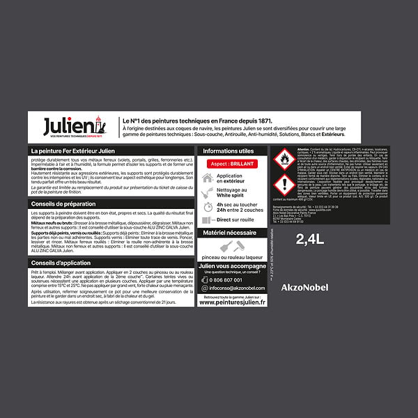 JULIEN - Peinture antirouille extérieure - Fer et acier - Noir - 2,4L - large
