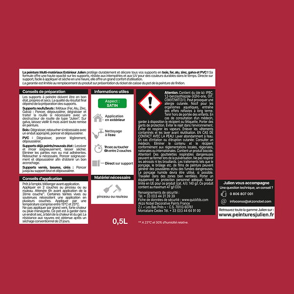 JULIEN - Peinture extérieure multi-matériaux Satin - Framboise - 0.5L - large