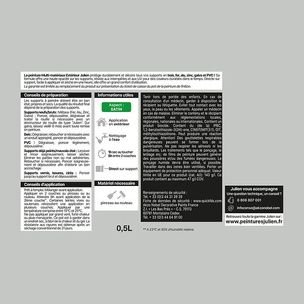 JULIEN - Peinture extérieure multi-matériaux Satin - Gris Clair 0,5L - large