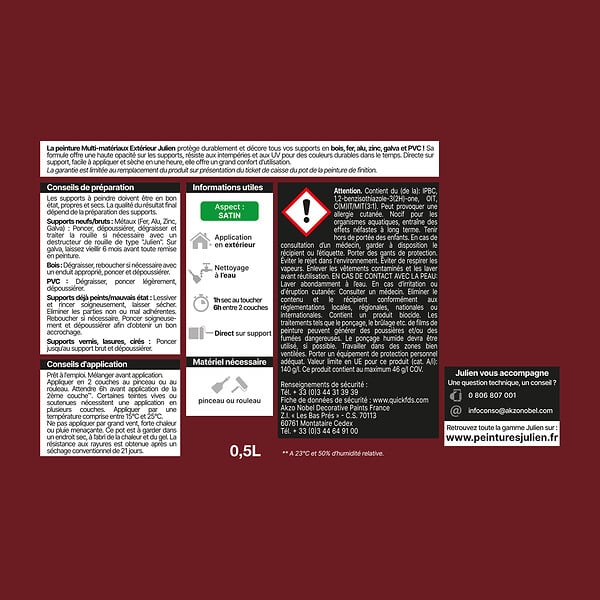 JULIEN - Peinture multi-matériaux extérieur - Rouge Basque 0,5L - large
