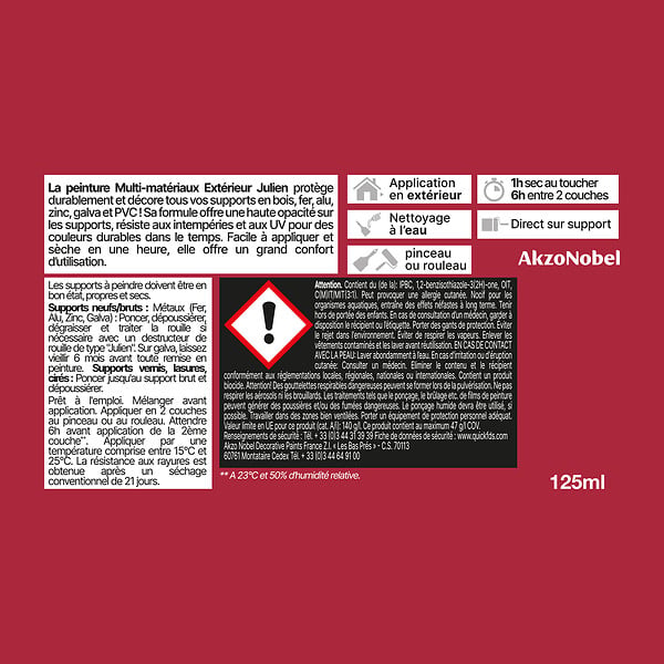 JULIEN - Peinture extérieure Multi-Matériaux Satin - Framboise 125ml - large