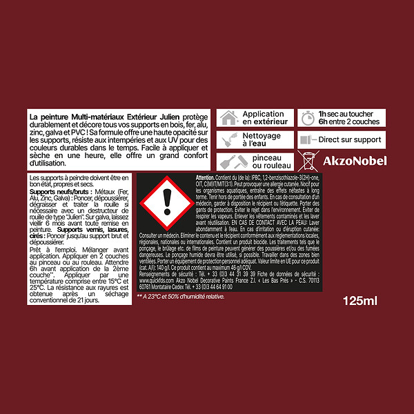 JULIEN - Peinture extérieure Multi-Matériaux - Rouge Basque 125ml - large