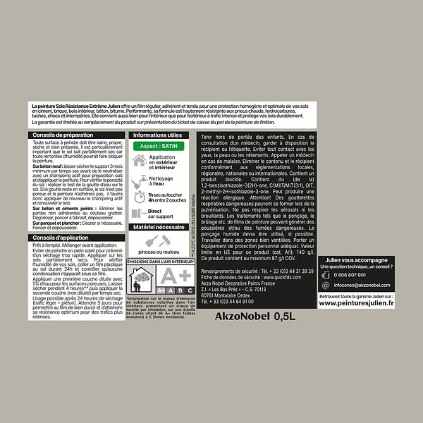 JULIEN - Peinture sols résistance extrême - Satin - Gris Soie 0.5L - large