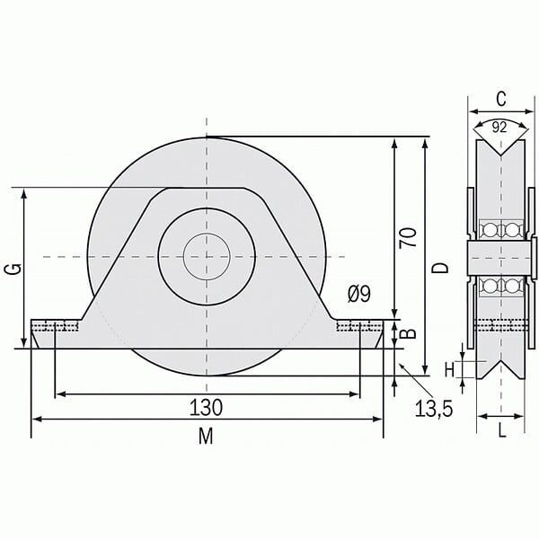 COMMUNELLO - Roue à support intérieur à gorge triangulaire 336 V diamètre 120 mm - 2 roulements pour roues à roulements à billes - large
