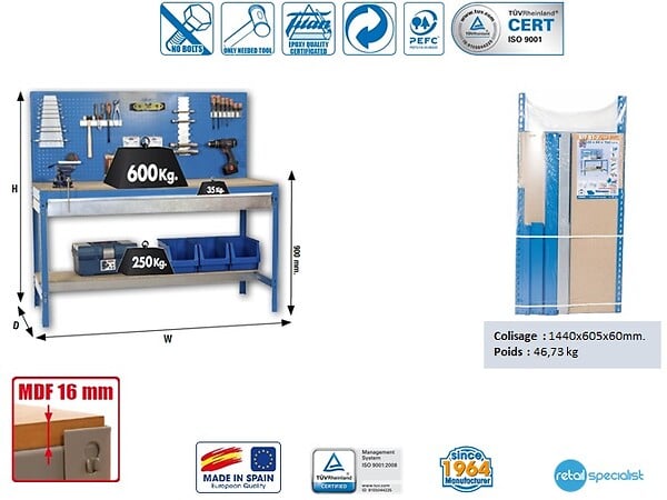 SIMON RACK - SimonRack - Kit Etabli avec tiroir 1440x1500x600mm - BT-2 BOX 1500 BLEU/BOIS Simon Rack - large