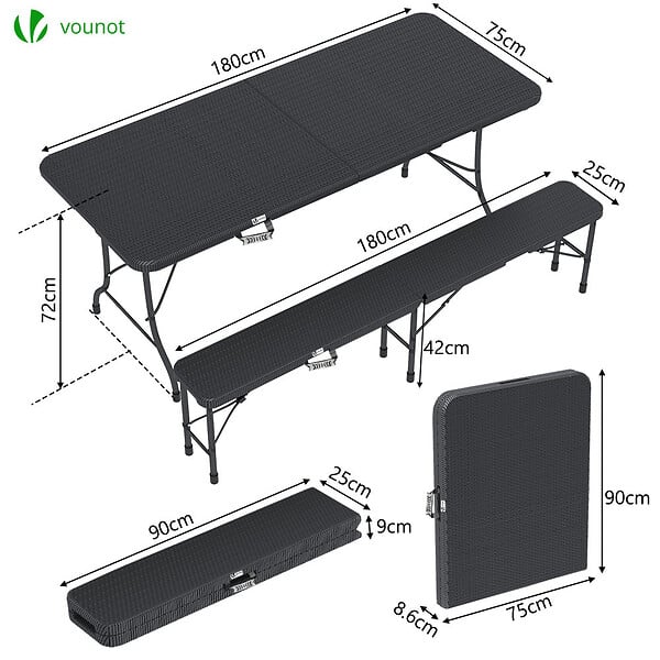 VOUNOT - Ensemble de Table et bancs camping pliables 180cm HDPE Style Polyrotin noir - large