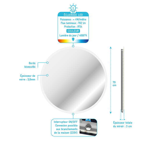AURLANE - Miroir salle de bain rond avec eclairage LED - Diamètre 70cm - GO LED - large
