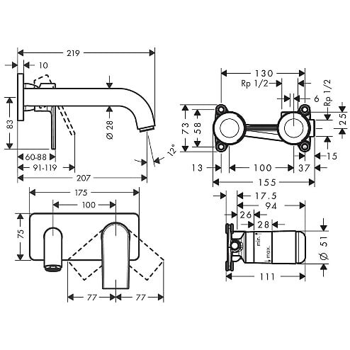 HANSGROHE - Vernis Shape Set Mitigeur de lavabo encastré, Noir mat, 2 sorties, bec 207 mm + Corps d'encastrement (71578670-SET) - large