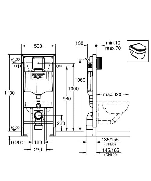 GROHE - Pack WC Bâti-support + WC Swiss Aqua Technologies Infinitio sans bride, fixation invisible + Plaque chrome - large