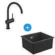 GROHE - Grohe Kit Evier Quartz Noir Granite K700 417 x 366mm + Mitigeur Minta Noir col de cygne pivotant à 360° (31653AP0-SET6) - vignette