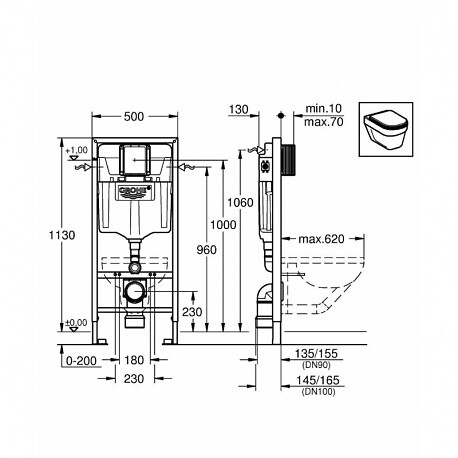 GROHE - Perfect Pack WC Rapid SL + cuvette sans bride SAT, fixations cachées + plaque chrome (SatRimlessPerfect) - large