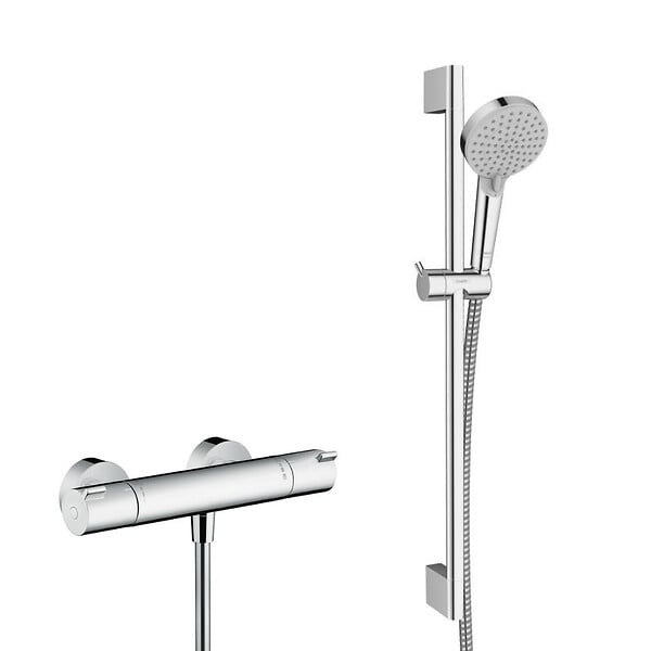 HANSGROHE - Ecostat Set mitigeur thermostatique + Barre 65cm + Douchette 2 jets + Flexible, Chrome (13211000-Vernis) - large