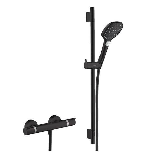 HANSGROHE - Set de douche Mitigeur Ecostat Comfort + Barre Unica 65 cm + Douchette 3 jets Raindance 120 Select E, Noir mat - large