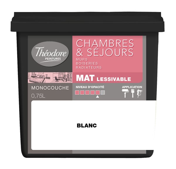 THEODORE PEINTURES - Peinture acrylique Chambres & Sejours - Mat - 750ml - Blanc - large