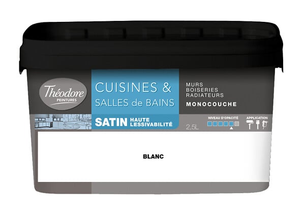 THEODORE PEINTURES - Peinture acrylique satinée - Cuisines & SdB - Blanc 2,5L - large
