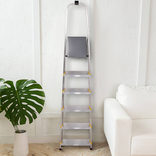HOSTRÃ–M - Escabeau 6 marches DURA pliable, marchepied léger en aluminium, hauteur plateforme 119cm, pieds antidérapants, charge 150kg, garantie 5 ans Hoström - large