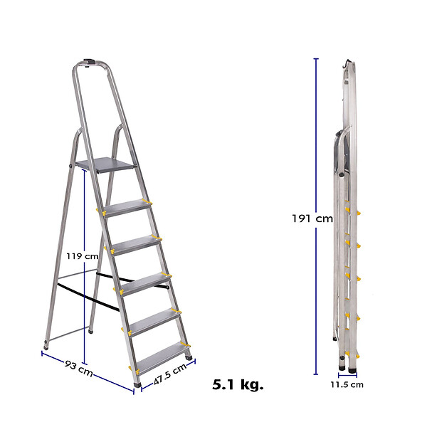 HOSTRÃ–M - Escabeau 6 marches DURA pliable, marchepied léger en aluminium, hauteur plateforme 119cm, pieds antidérapants, charge 150kg, garantie 5 ans Hoström - large