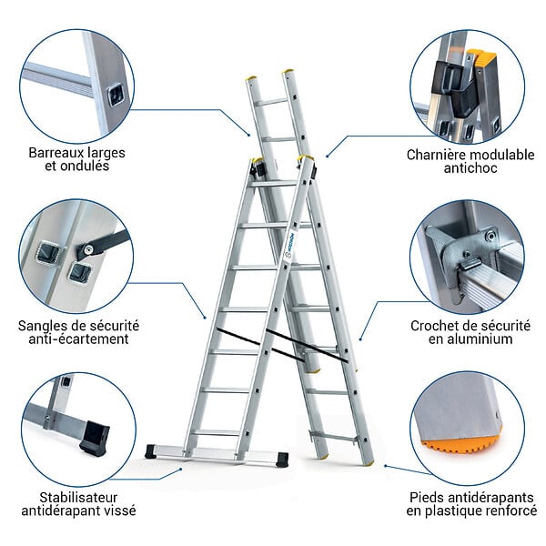 HOSTRÃ–M - Echelle transformable 3 plans StablePro 3x7 marches aluminium extensible coulissante, 6 positions, hauteur travail max 5,00m, garantie 5 ans, Hostrom - large