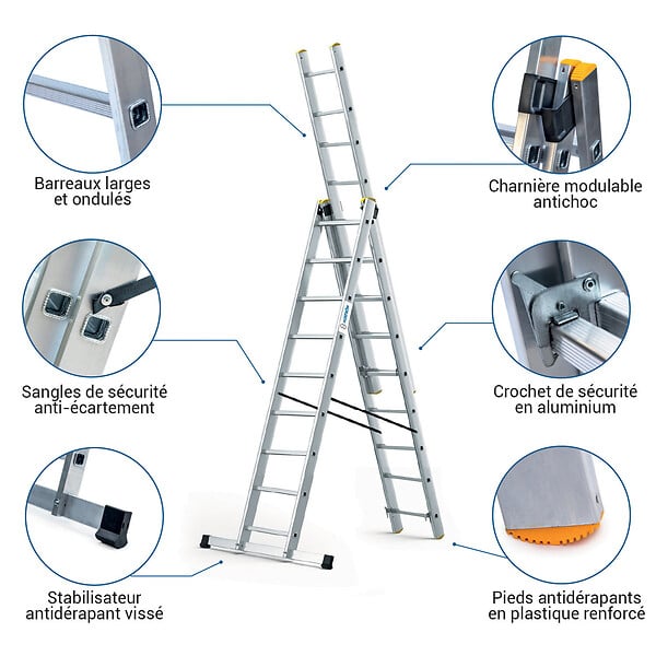 HOSTRÃ–M - Echelle transformable 3 plans StablePro 3x9 marches aluminium extensible coulissante, 6 positions, hauteur travail max 6,10m, garantie 5 ans, Hostrom - large