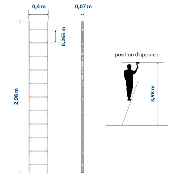 HOSTRÃ–M - Echelle simple StablePro 11 marches en aluminium, légère et durable, hauteur de travail maximale 3,98m, garantie 5 ans, charge maximale 150kg, Hostrom - large