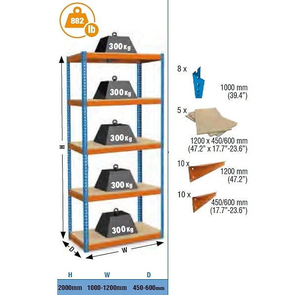 SIMON RACK - SimonRack - Etagère de rangement 2000x1200x450mm bleu/orange/bois charge 300 Kg - Bricoforte 1204-5 Chipboard8435104938584 Simon Rack - large