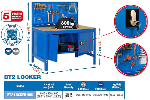 SIMON RACK - SimonRack - Kit Etabli avec un verrou 1440x900x600mm Charge 400 Kg - BT2 LOCKER 900 BLEU SIMONRACK - large