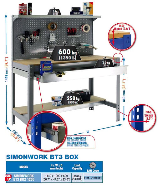 SIMON RACK - SimonRack - Kit Etabli 1440x1200x600mm Charge 600Kg -  SIMONWORK BT3 BOX 1200 GALVA/BOIS Simon Rack - large
