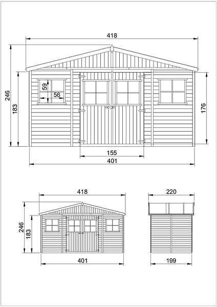 TIMBELA - Abri de jardin en bois H246x418x220 cm/8 m² - PLUS LES PLANCHERS IMPRÉGNÉ - M332+M332G - large