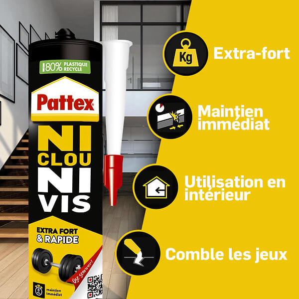 PATTEX - Colle fixation Ni clous ni vis Extra Fort et Rapide - 380g - large