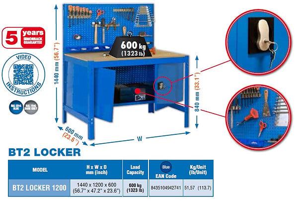 SIMON RACK - SimonRack - Kit Etabli avec un verrou 1440x1200x600mm Charge 600 Kg - BT2 LOCKER 1200 BLEU SIMONRACK - large