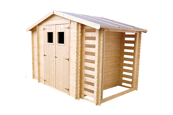 TIMBELA - Abri de jardin en bois et range bûches AVEC SOL TRAITÉ I206xL328xH218 cm/ 5,41 m2 - M389+M389G - large