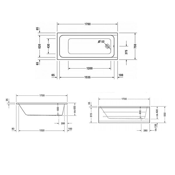 DURAVIT - Baignoire acrylique D-Code Duravit - Rectangulaire - 1700 x 750mm - Sur pieds - A encastrer - Blanc - large