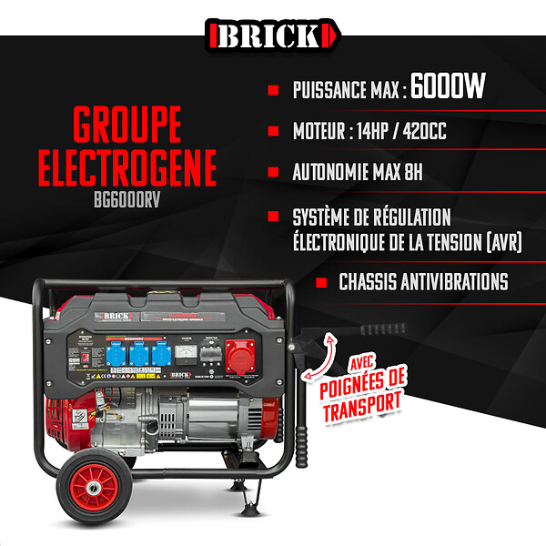 BRICK - Groupe électrogène max 6000W avec roues et prise triphasée - large