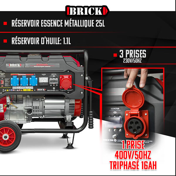 BRICK - Groupe électrogène max 6000W avec roues et prise triphasée - large