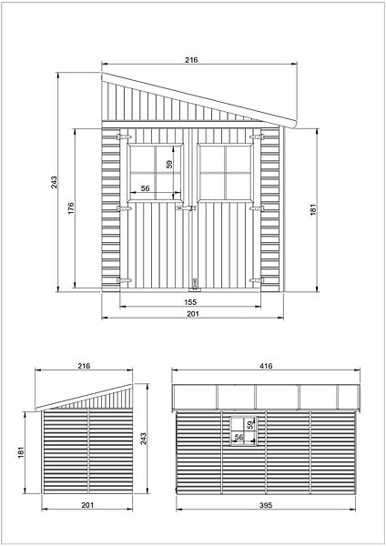 TIMBELA - TIMBELA M340+M340G Abri de Jardin en Bois Naturel (sans paroi latérale) PLUS LES PLANCHERS IMPRÉGNÉ- H243xl216xL416 cm/8 m2 - large
