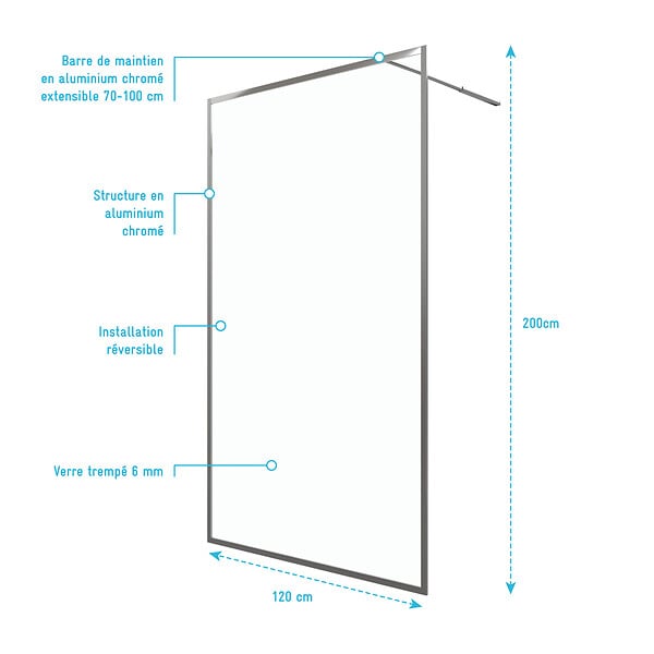 AURLANE - Paroi de Douche 120x200 cm - Cadre et Bras Aluminium Chrome - CHROMED CONTOURING - large