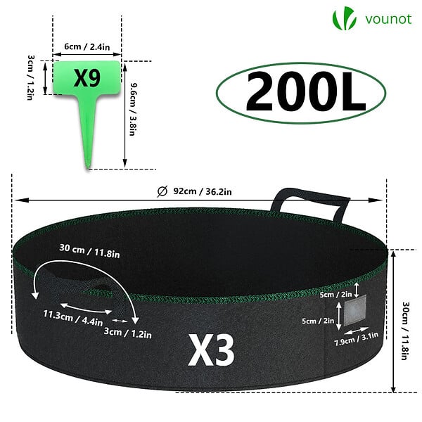 VOUNOT - Lot de 3 sacs de plantation non tisse 200L avec poignee Noir - large
