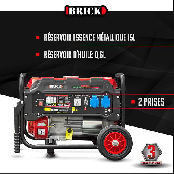 BRICK - Groupe électrogène max 3000W avec roues - 2 prises - AVR - Essence - large