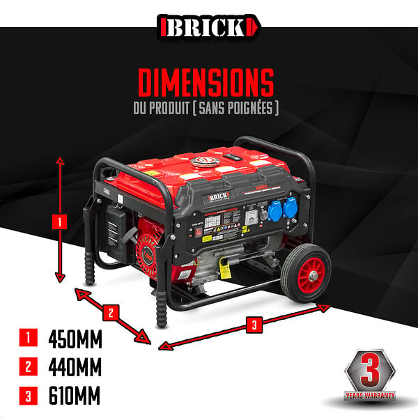 BRICK - Groupe électrogène max 3000W avec roues - 2 prises - AVR - Essence - large